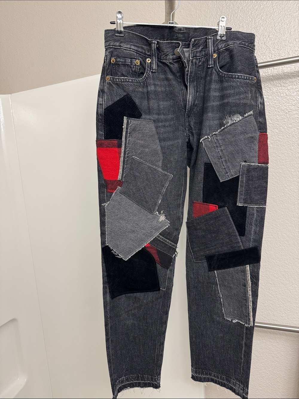 Men's Patchwork Black Denim Jeans with Red Accents